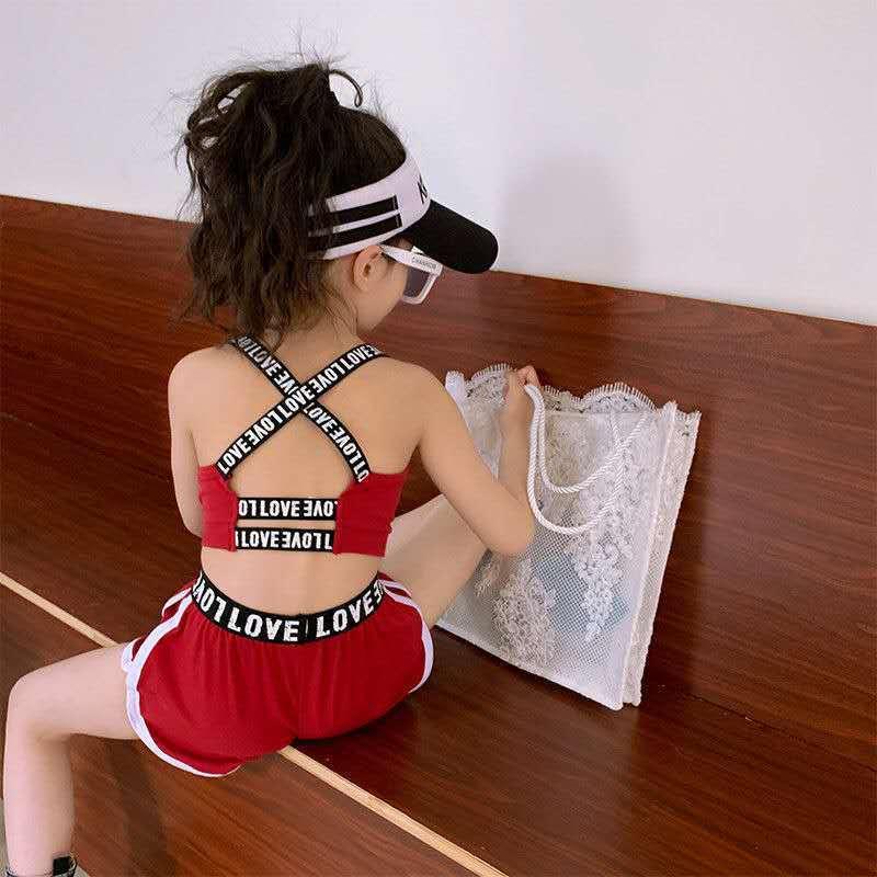 Children's Umbilical Crop Top Webbing Shorts Sports Korean Two-piece Suit