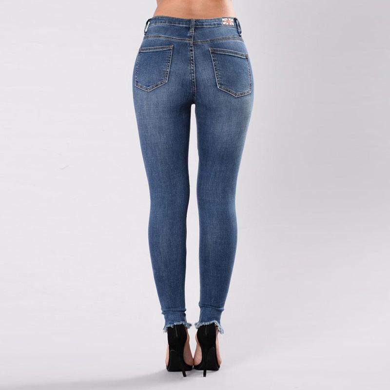 Fashion hole embroidered high-elastic denim women's trousers