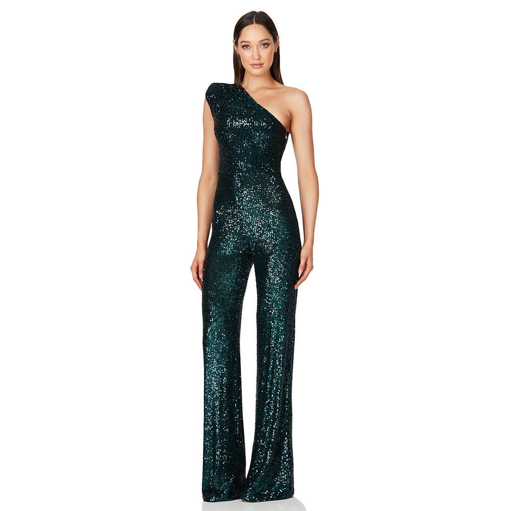 Sleeveless One Shoulder Sequin Jumpsuit