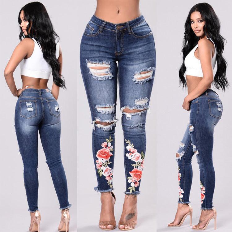 3Xl summer woman ripped Jeans With Embroidery hole Sexy High Waist Denim stretch plus size 2021 Pencil Pants High Street