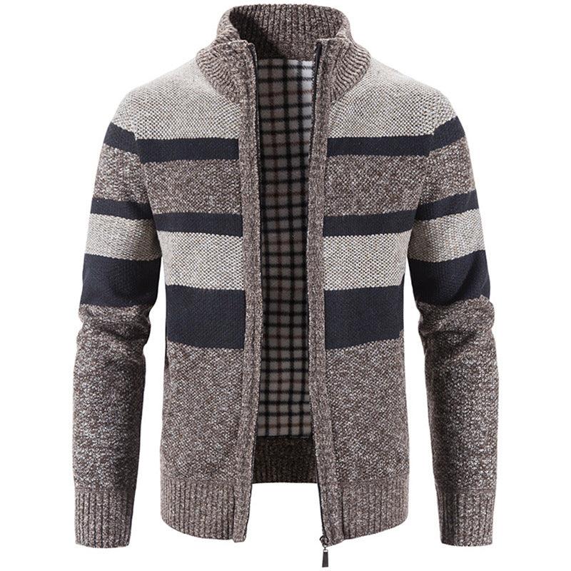 Plush Padded Stand Collar Cardigan Men's Stripes