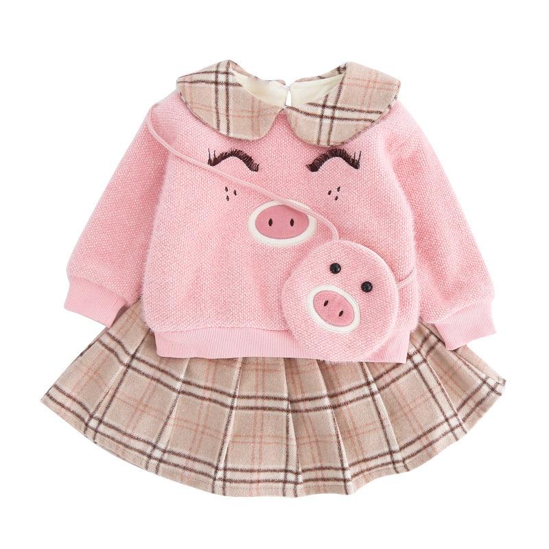 Girls Piggy Sweater Plaid Skirt Suit
