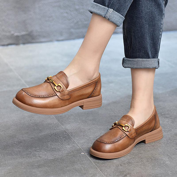 Women's Leather Shoes Metal Buckle Loafers