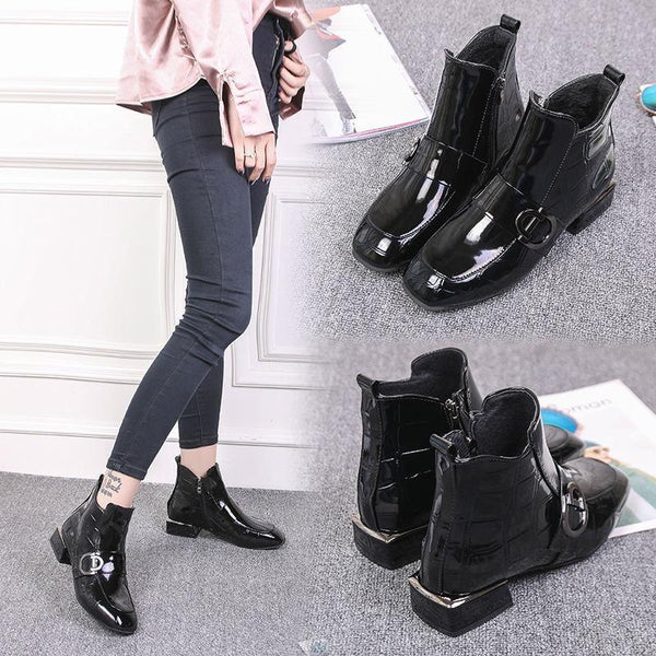 Ankle Boots Women Shoes Plus Velvet Low-heeled Pu Leather Pointed Thick