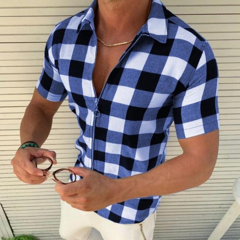 Plaid T Shirt Mens Zipper Short Sleeve Shirts Summer Men Clothing
