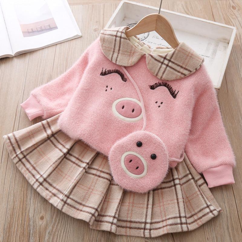 Girls Piggy Sweater Plaid Skirt Suit