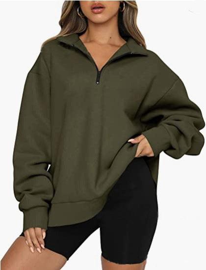 Women Sweatshirts Zip Turndown Collar Loose Casual Tops Clothes