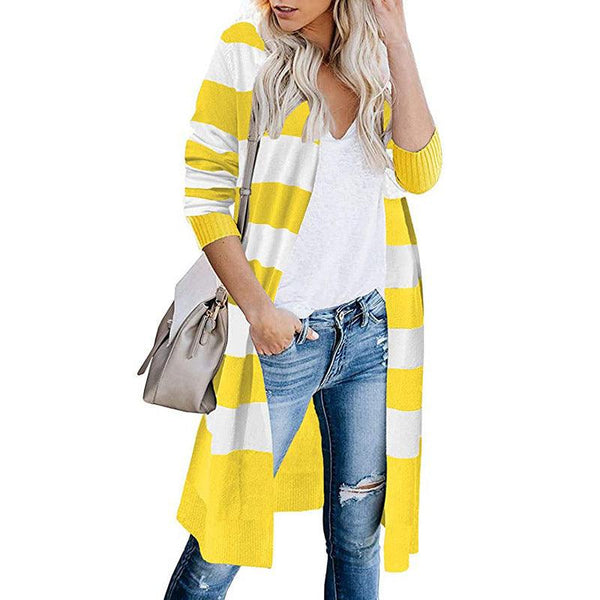 Knitwear Contrast Stripes Long Cardigan Women's Sweater