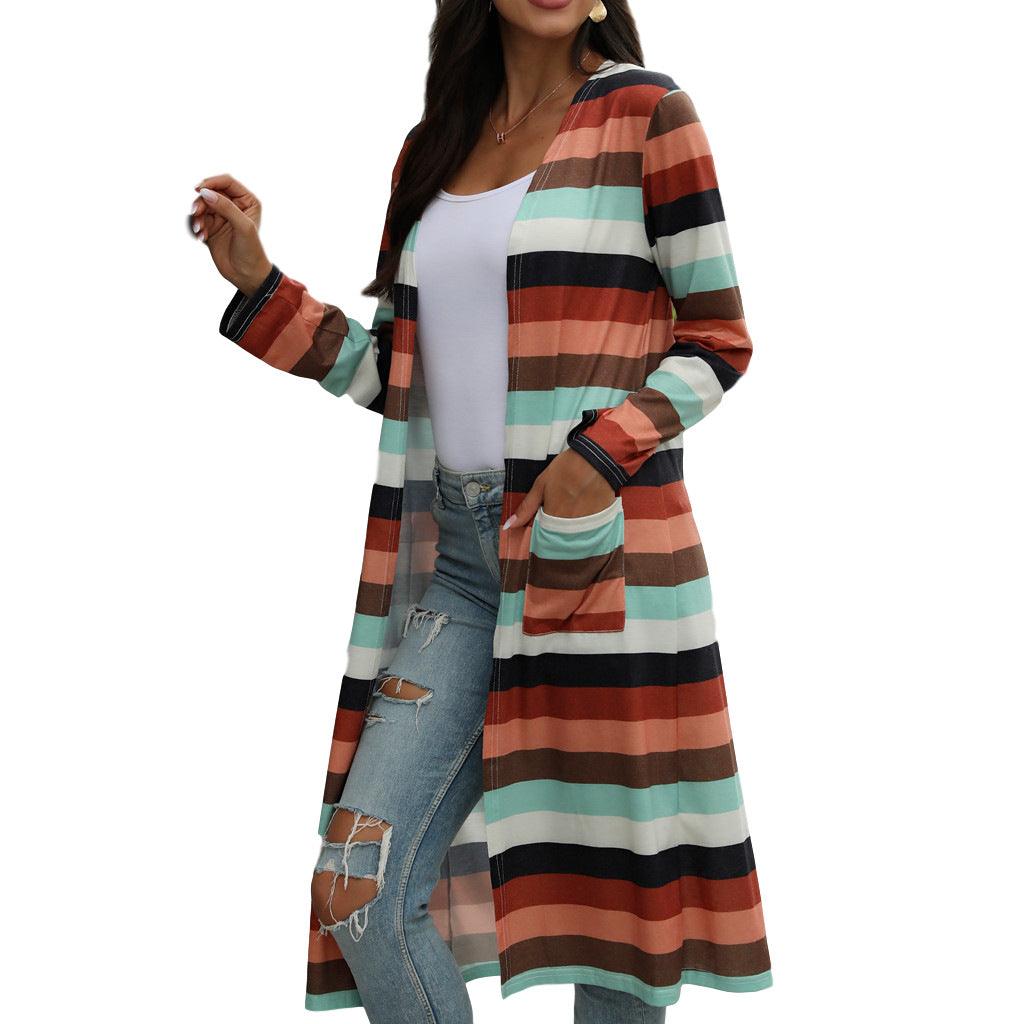 Striped Print Long-Sleeved Cardigan Jacket Women