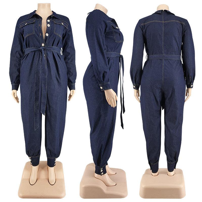 Autumn Lazada Rpmpers Plus Big Size Fat Women Denim Jumpsuit