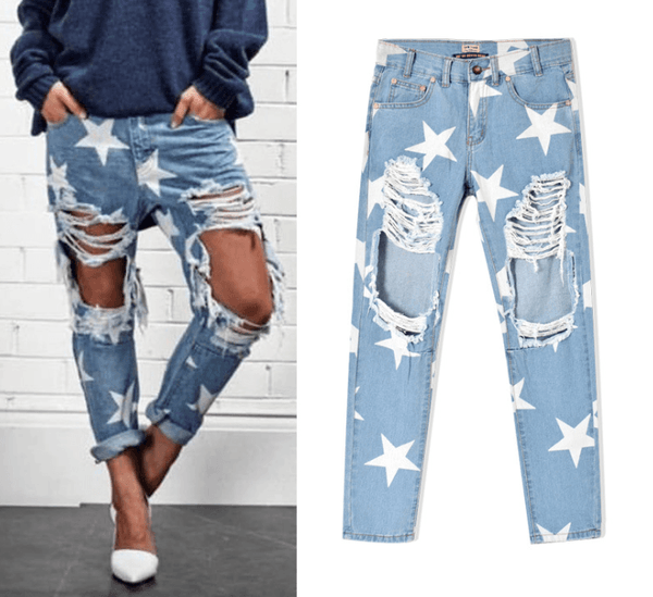 European and American women's new hole denim loose straight pants star print pants