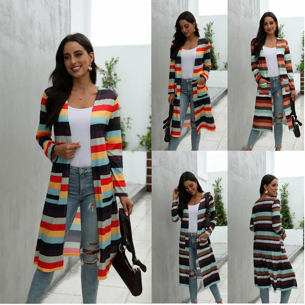 Striped Print Long-Sleeved Cardigan Jacket Women