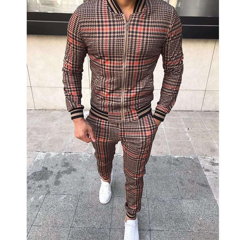 New Men's Leisure Suits Tracksuits Men Grid Two-piece Patchwork Zipper Tracksuits Small leg Trouser Sportswear 2021 New Man Sets