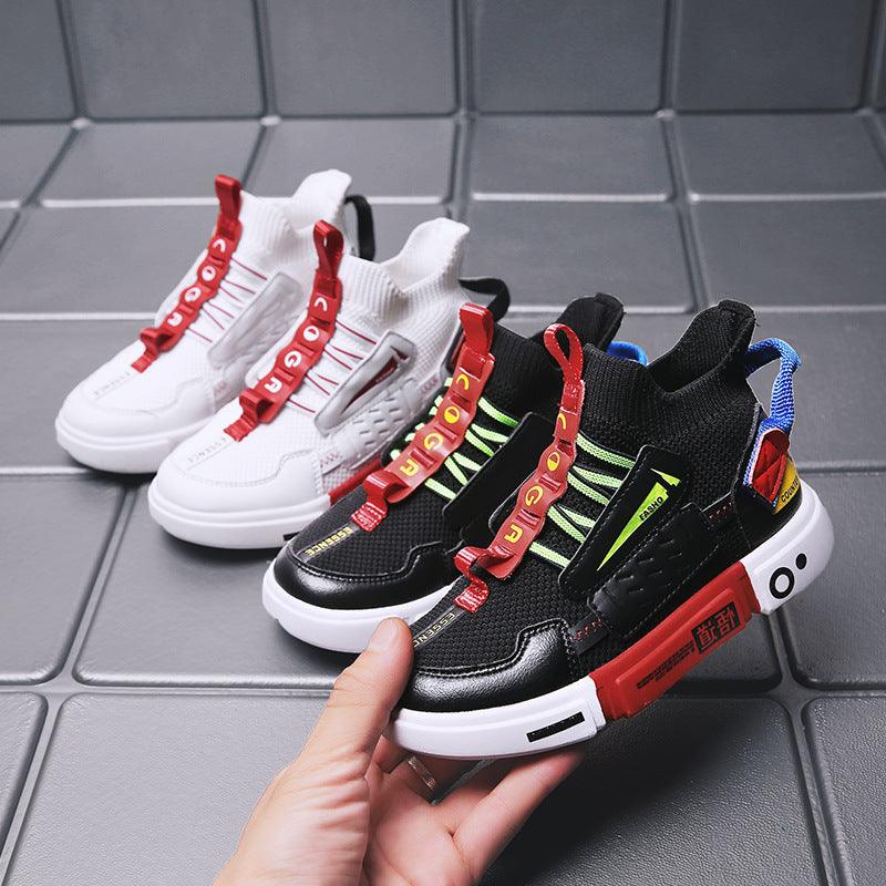 Autumn Children's High-top Flying Woven Sneakers Trendy Child Children And Teens Boys Flat Shoes