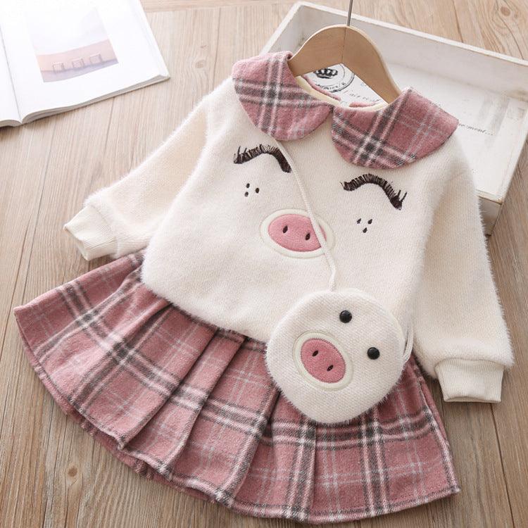 Girls Piggy Sweater Plaid Skirt Suit