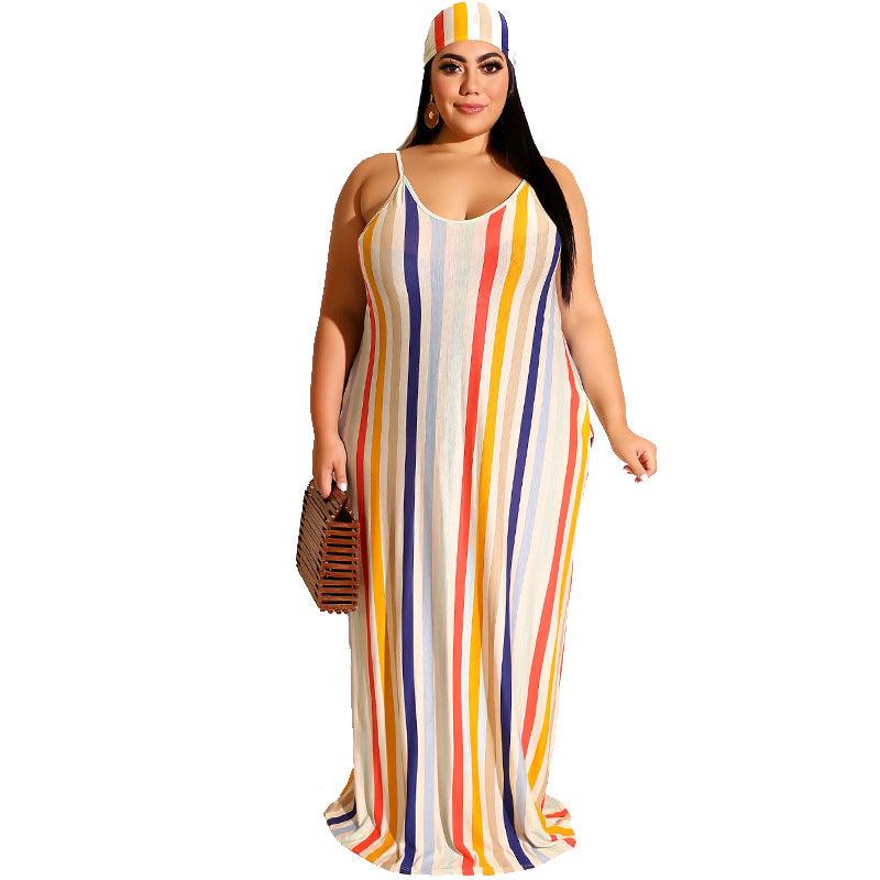 Straight dress with color stripe suspenders