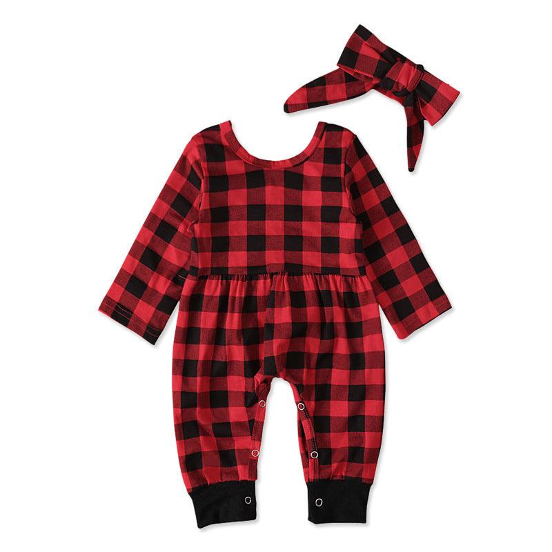 Girls' long-sleeved plaid one-piece two-piece suit