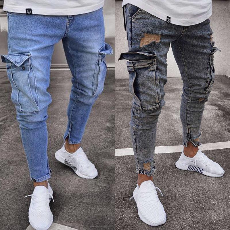 Men's jeans trend knee hole zipper feet pants hi road men knee eversion