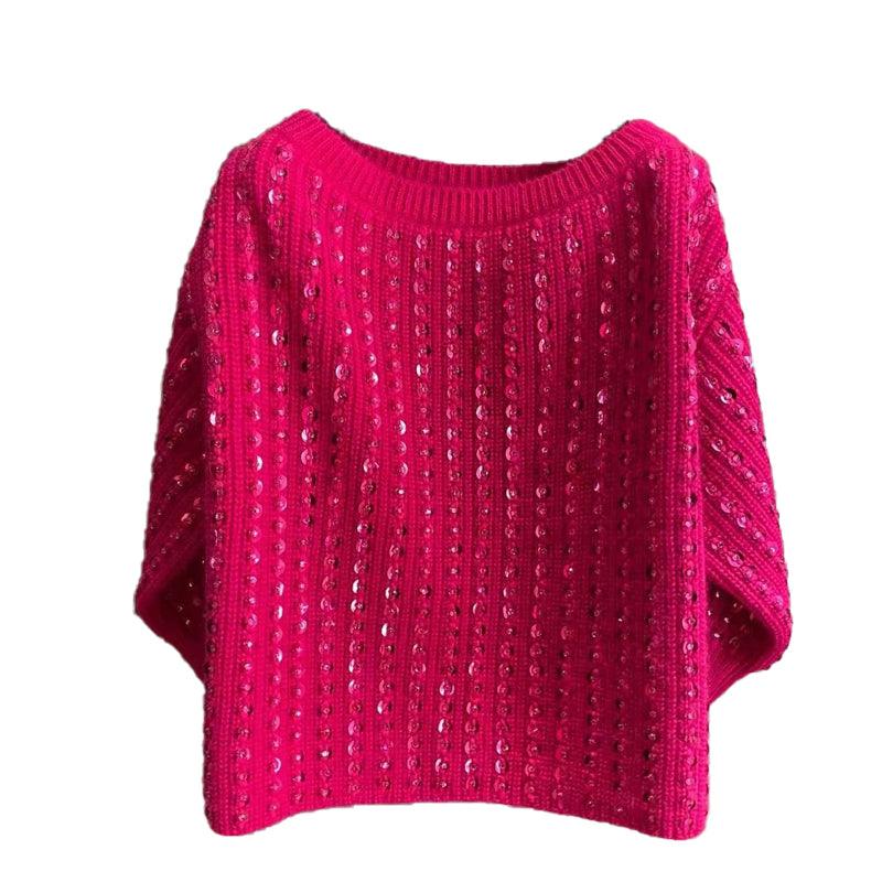 Rose Sequin One-line Neck New Year Loose Vintage Sweater