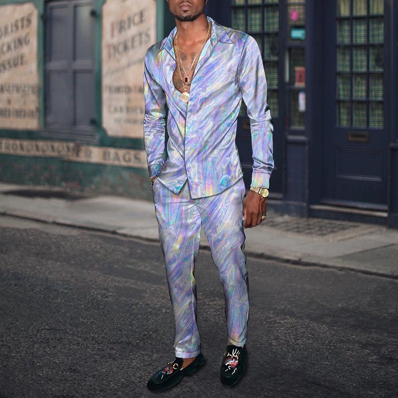 Men's Fashion Casual 3D Colorful Print Long Sleeve Shirt Set