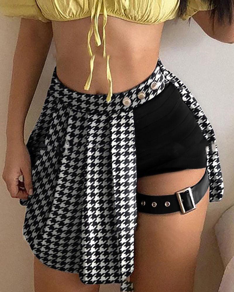 Plaid Button Asymmetric Skirt