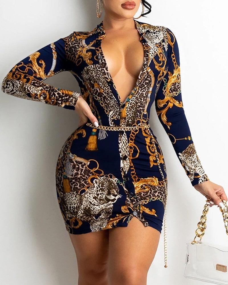 Printed V-neck Long-sleeved Midi Dress