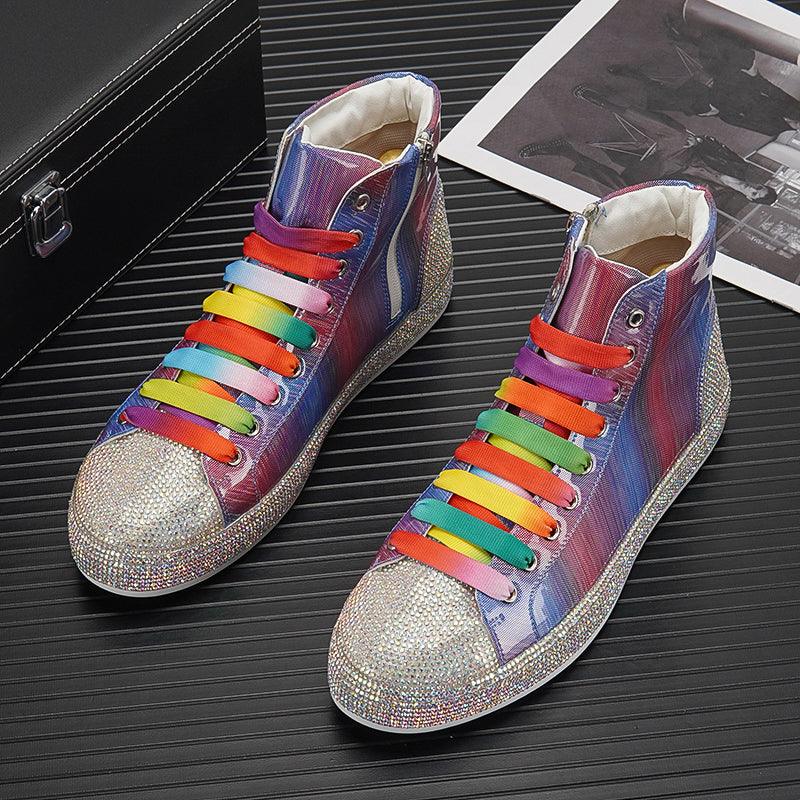 Rhinestone Inner Height Board Shoes Silver Patent Leather Colorful Laser High Top