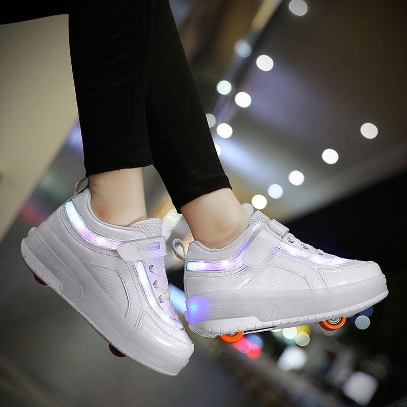 White Sneakers On Wheels Children Glowing Sneakers With Light LED Luminous Casual Shoes