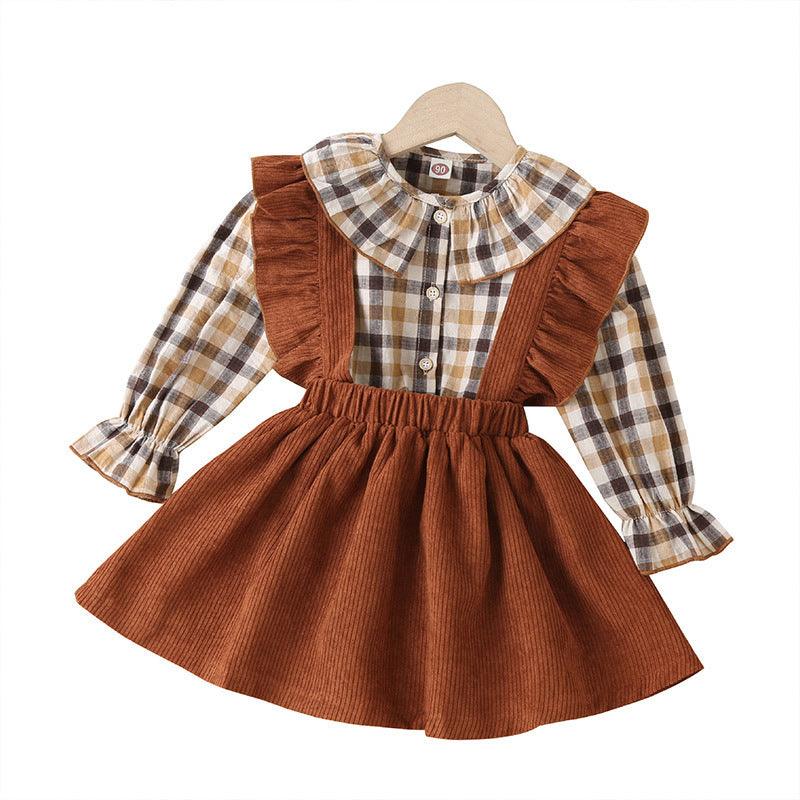 Plaid Ruffled Shirt Suspender Skirt Two-piece Set