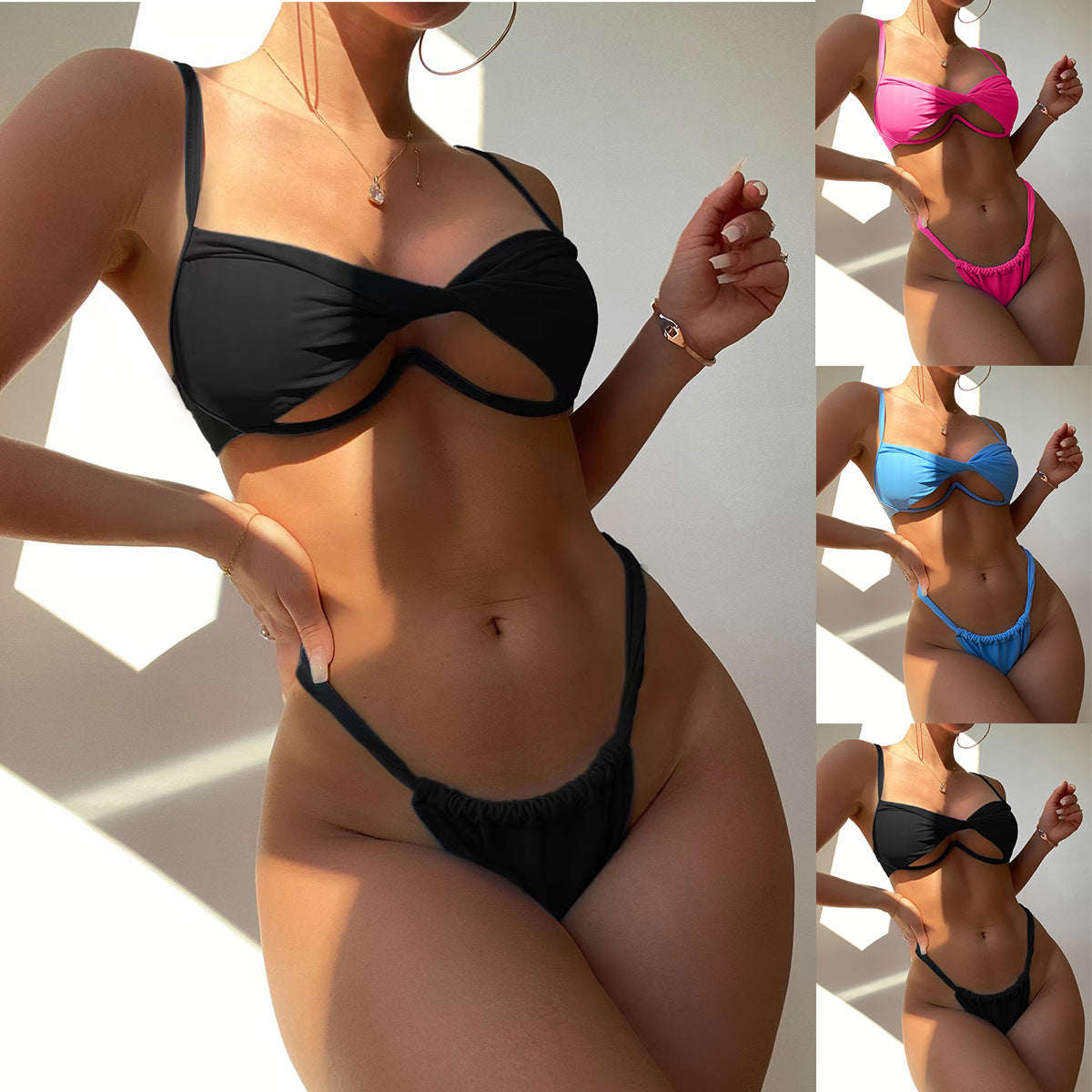 New Foreign Trade Swimsuit Women's Nylon Solid Color Twist Bag One-piece Bikini