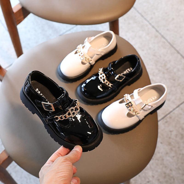 Children's Retro Chain Thick Heel Leather Shoes