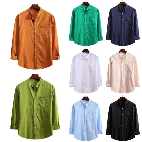 Men's Stand-collar Cotton Linen Long-sleeved Shirt