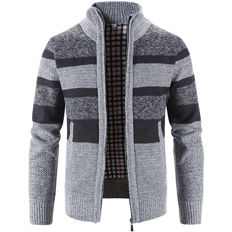 Plush Padded Stand Collar Cardigan Men's Stripes