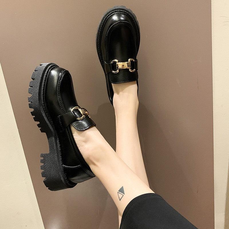 Chunky Heel Platform Small Leather Slip-on Loafers