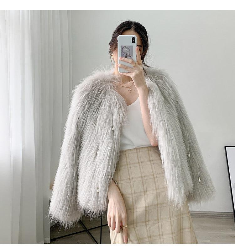Ladies Fashion Pearl Pendant Short Fur Coat