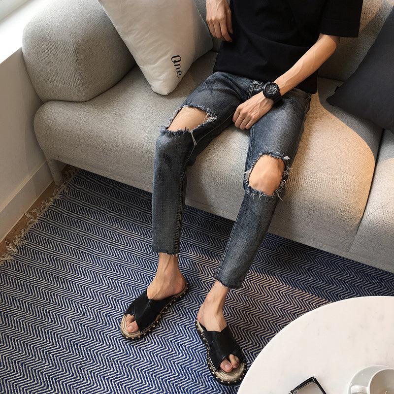 High Street Ripped Knee Jeans Cropped Pants Men