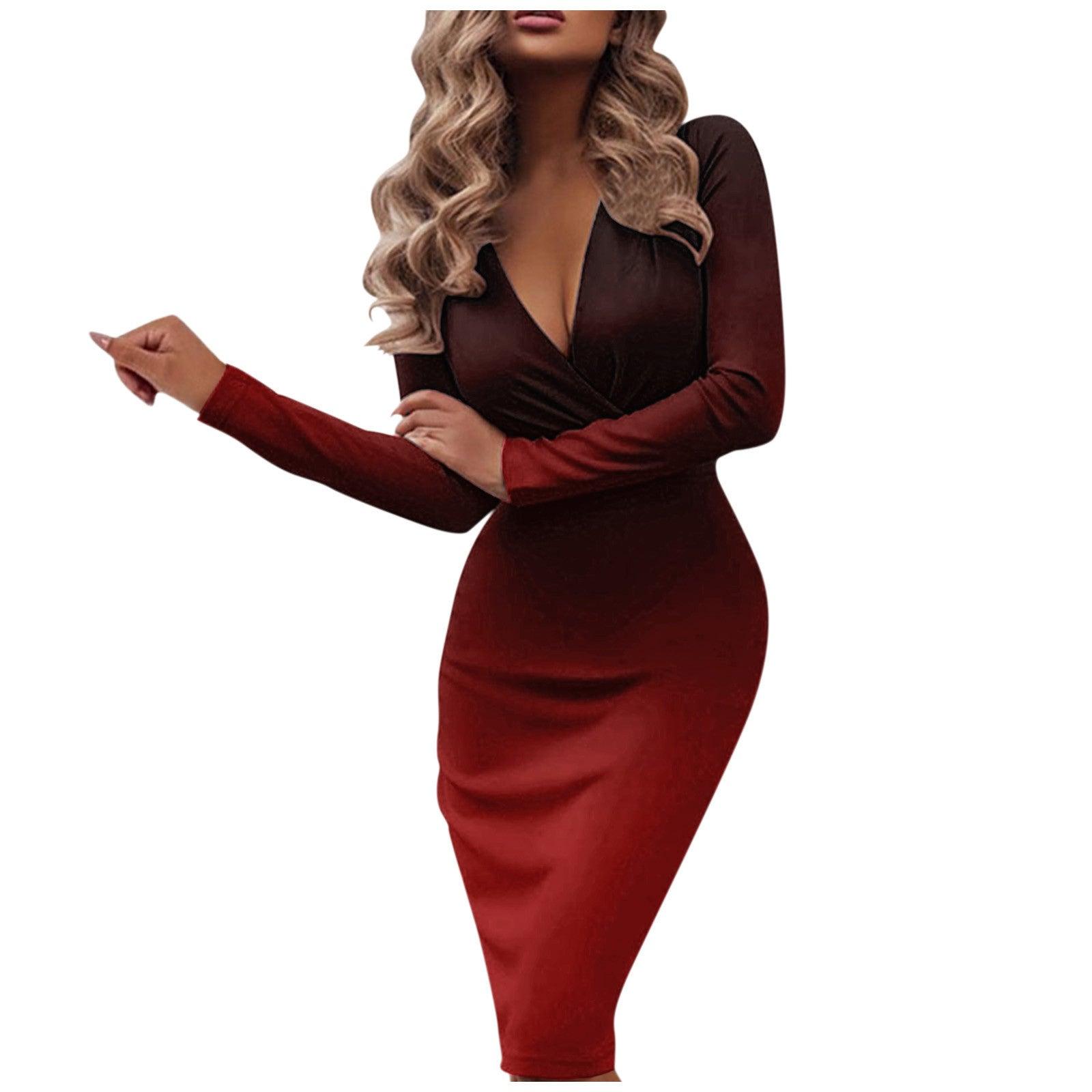 New Women's Gradient Slim Fit Long Sleeve Deep V Neck Hip Dress