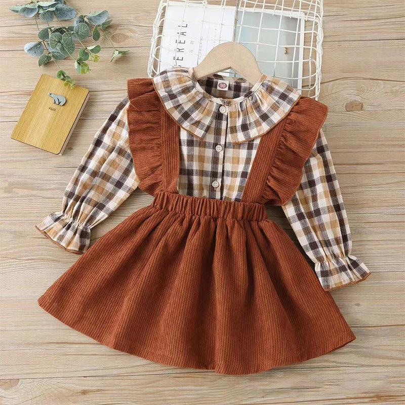 Plaid Ruffled Shirt Suspender Skirt Two-piece Set