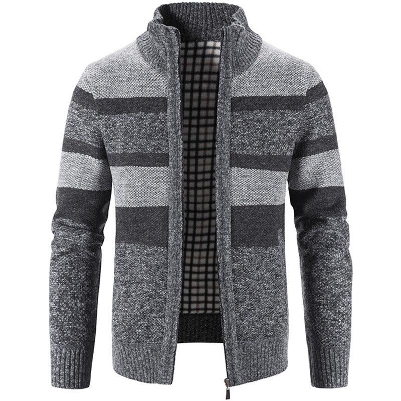 Plush Padded Stand Collar Cardigan Men's Stripes