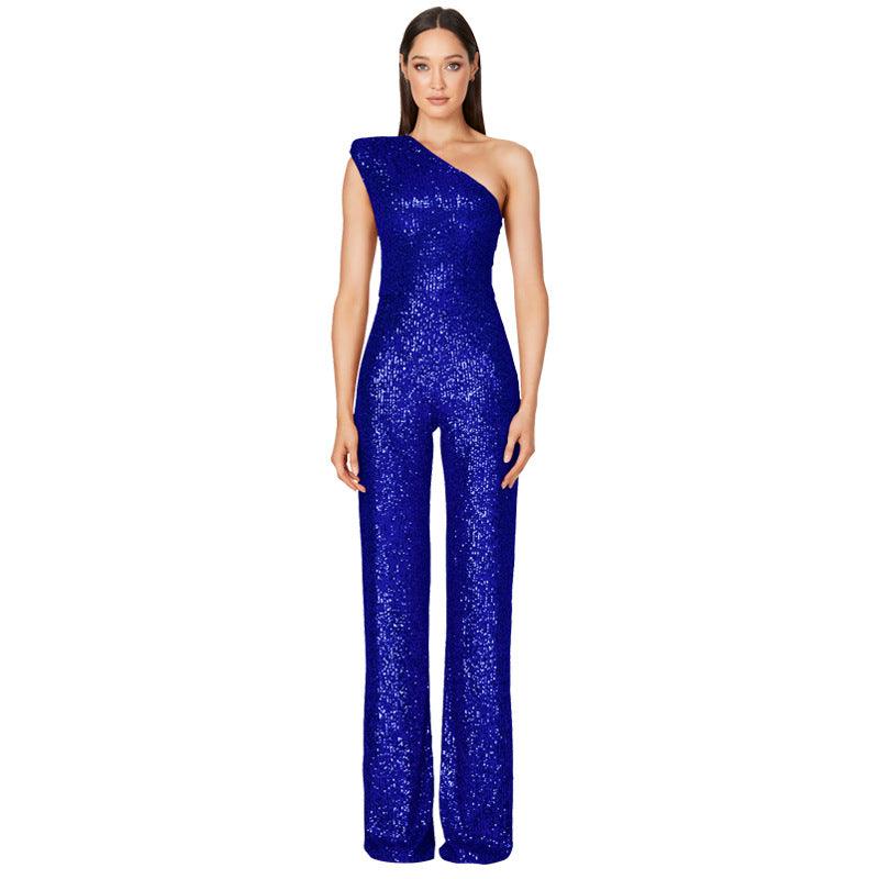 Sleeveless One Shoulder Sequin Jumpsuit