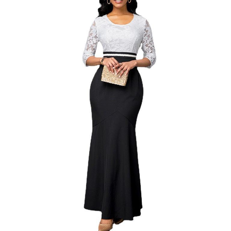 Fashion Lace Black And White Patchwork Slim Bag Buttock Dress Women