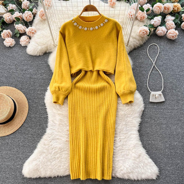 Short Knitted Shirt V Neck Halter Dress Two Piece Set