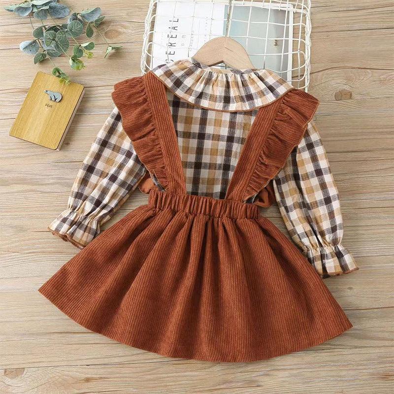 Plaid Ruffled Shirt Suspender Skirt Two-piece Set