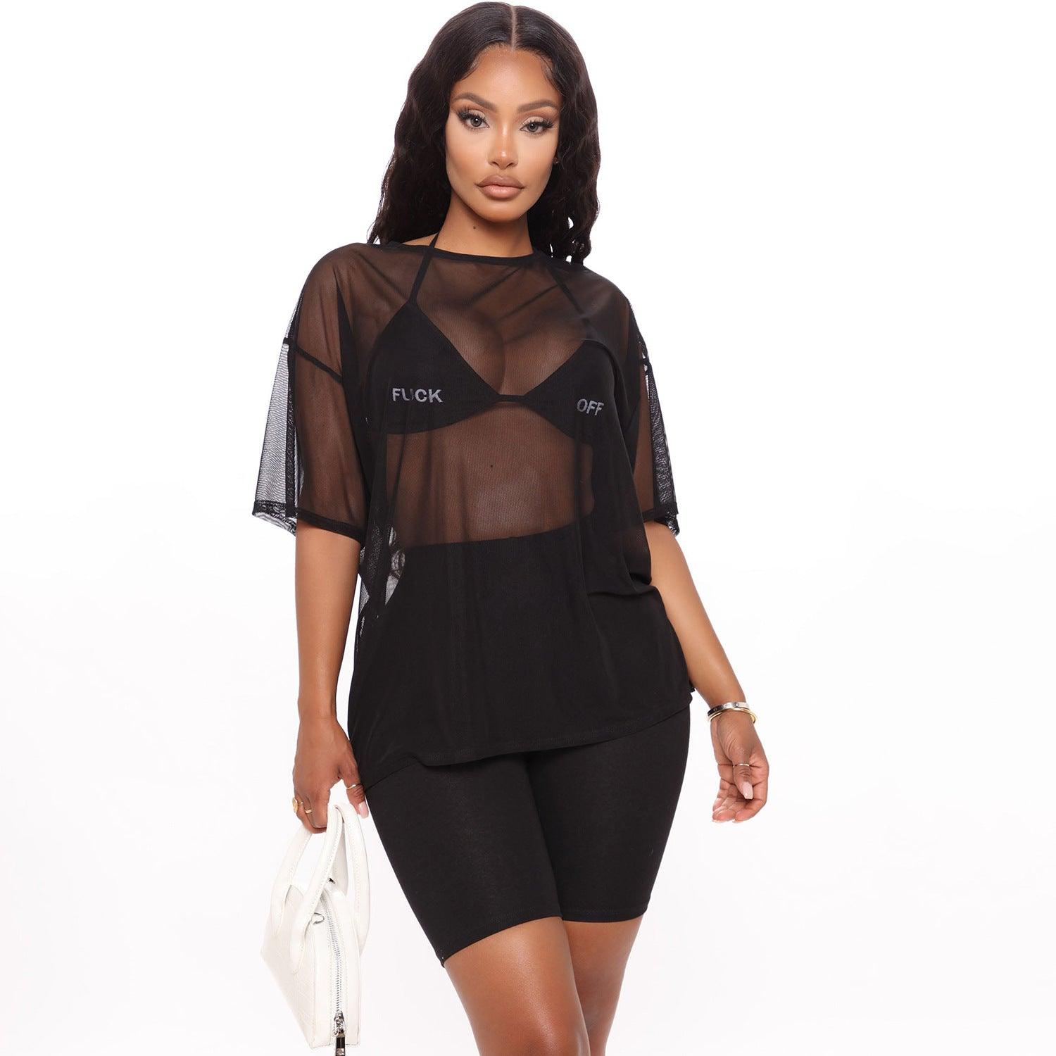 Women's Fashion Mesh Loose Perspective Two Piece Set