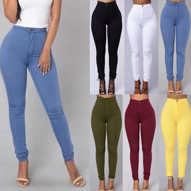 Casual Denim Pants For Women High Waist Stretch Slim Trouser Skinny Candy Color Jeans