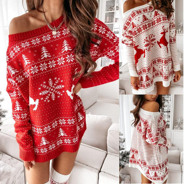 Ladies Christmas Jacquard Loose Knit Long Sleeve Dress