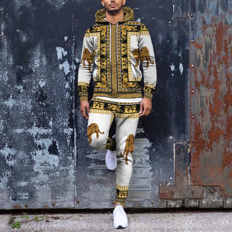 Men's Printed Hooded Pullover Sweatshirt Pants Set