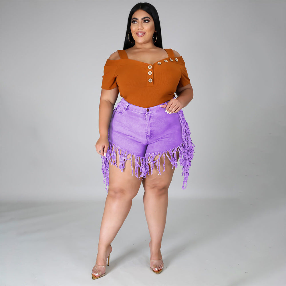 Ripped Fringed Brushed Denim Shorts Plus Size Women'S Casual Straight-Leg Pants