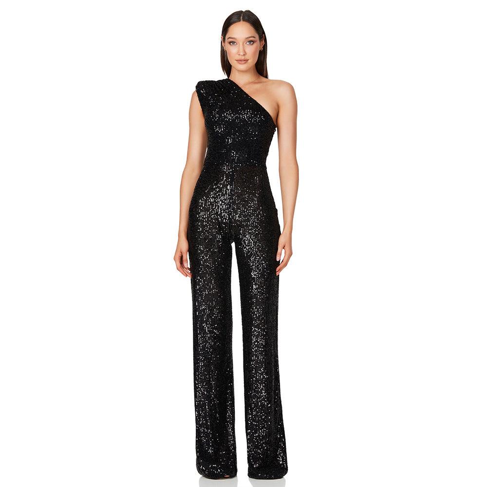 Sleeveless One Shoulder Sequin Jumpsuit