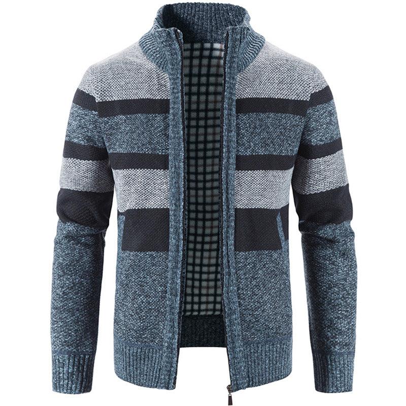 Plush Padded Stand Collar Cardigan Men's Stripes